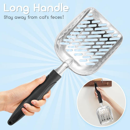 Cat Litter Scoop,Long Handle Cat Scooper,Stainless Steel Metal Scoop,Poop Sifting,Mesh Shovel,Suitable for Cat Litter Box(Black)