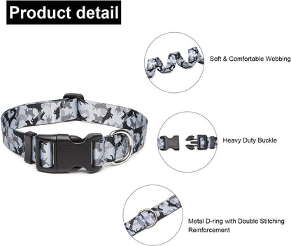 Mercano Adjustable Dog Collar - Special Design Patterns, Soft Nylon Comfortable Durable Pet Collar for Small Medium Large Dogs (XS, Dog Camouflage Grey)