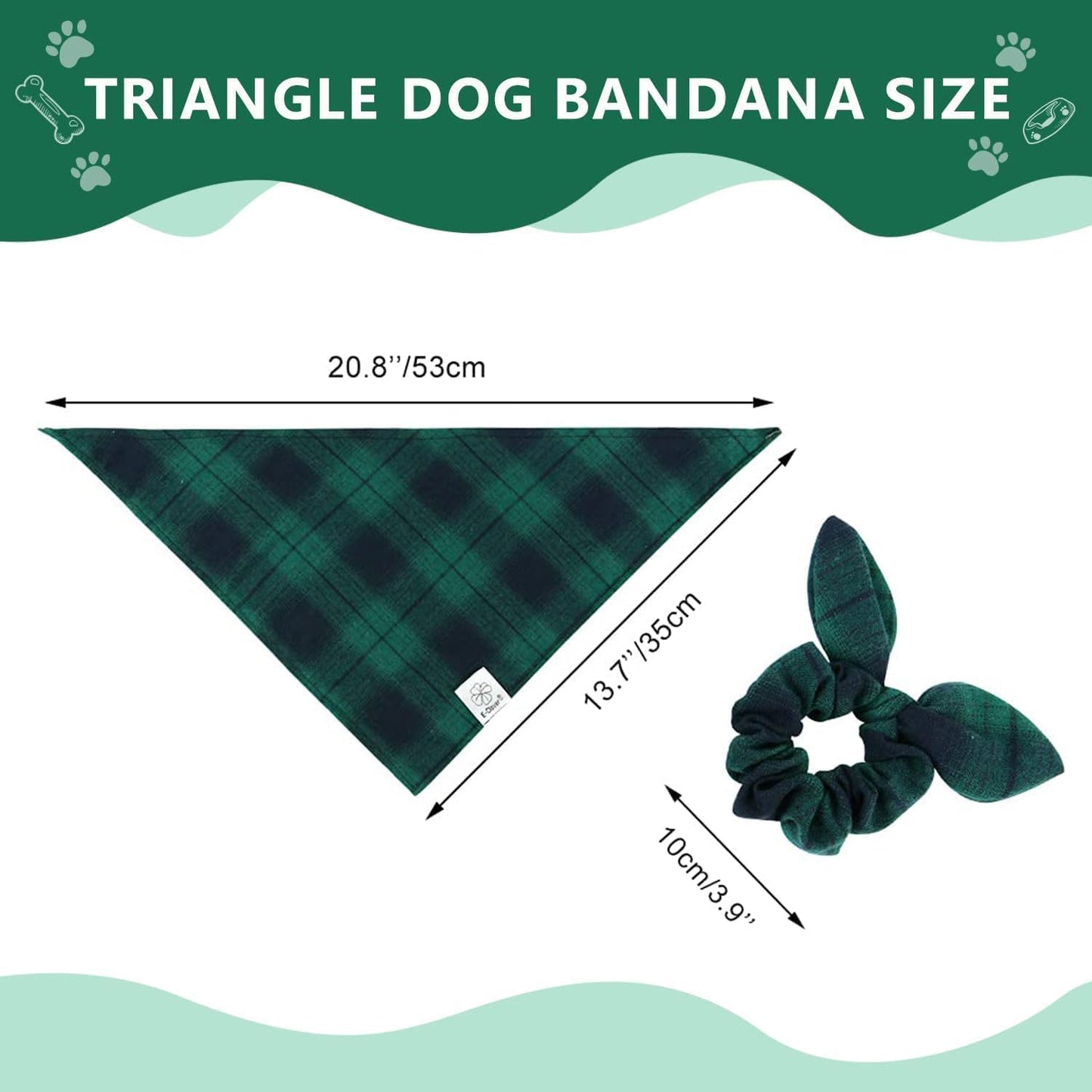 E-Clover Dog Bandanas & Matching Scrunchie Set Plaid Dog Bibs Scarf Boy Triangle Kerchief Bandana for Small Dogs Puppy Birthday Gifts Pet Owner Mom Green Fall