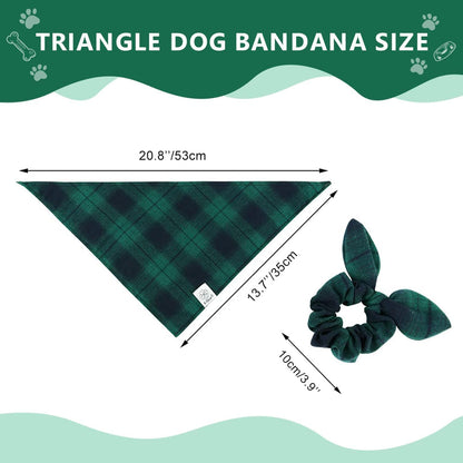 E-Clover Dog Bandanas & Matching Scrunchie Set Plaid Dog Bibs Scarf Boy Triangle Kerchief Bandana for Small Dogs Puppy Birthday Gifts Pet Owner Mom Green Fall