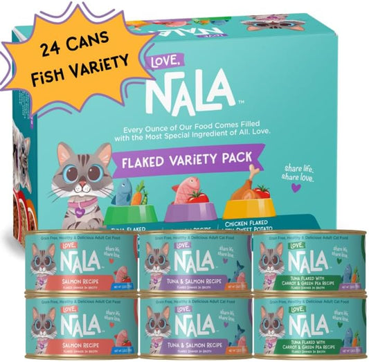 LOVE, NALA - FLAKED Fish Variety Pack - 24 Pack - Natural Adult Cat Wet Food - Grain Free, Non-GMO, Lean Protein, Omega 3, Added Minerals & Vitamins
