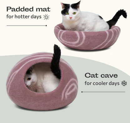 MEOWFIA Cat Cave – Premium Felt Cat Bed for Indoor Cats, Handmade 100% Merino Wool (Gold Rose, Large)
