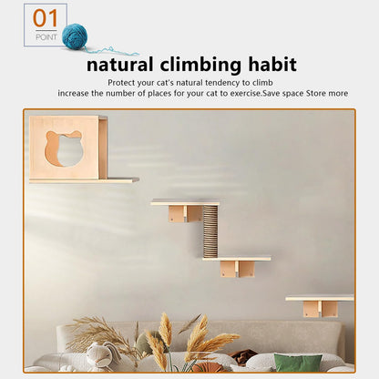Cat Wall Shelves and Furniture Set with Condos, Perches, Bridge Ladders, Sisal Scratching Posts - Steps and Houses for Cats (C)