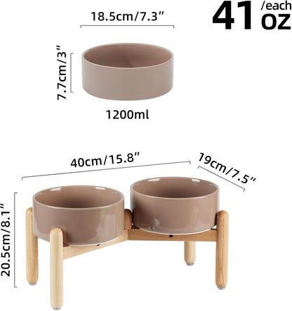 Ceramic 7.3inch Raised Double Bowls Set with Wooden Stand, Food & Water Bowls for Medium Breed Dogs, Weighted Dog Dishes, Pet Feeder(Brown Coffee)