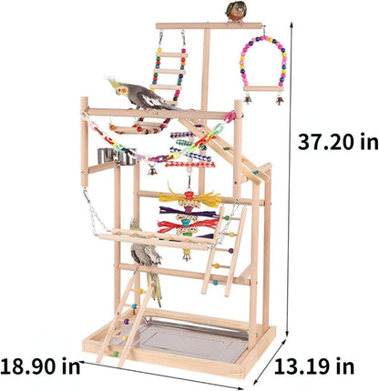Bird Playstand Parrot Playground Wood Play Stand Gym Perch 4 Ladder Playgym with Exercise Toys Swings Feeder Cups Chewing Toys for Cockatoos Lovebirds Playgym Parakeets Cockatoo Macaw Random Color