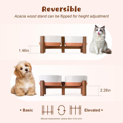 SPUNKYJUNKY Ceramic Elevated Dog Bowl Set with Acacia Wood Stand for Food and Water for Cat and Small Dog (13.52 OZ, White and Reddish Brown)