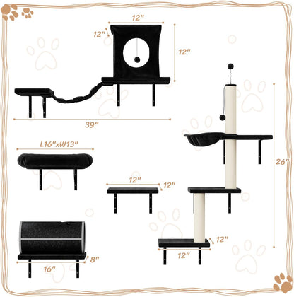 NUNU LAB Cat Wall Shelves Set, 7 Pcs Wall-Mounted Cat Climber with Cat House, Tunnel, Bridge, Scratching Post, Hammock, Wall Shelves, Black