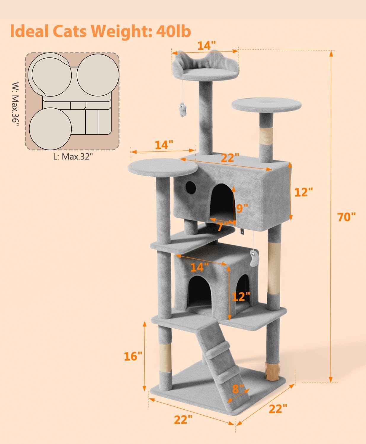 70'' Cat tree Tower for Indoor Cats Large Adult,Cute/Tall Modern Cat Tree for Big Cats 20 lbs,Plush Multi-Level Cat Condo with Scratching Posts,Dangling Ball for fun play(Light Gray, 70 inch)