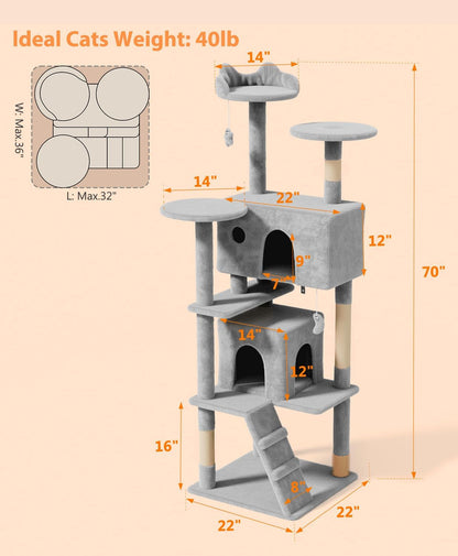 70'' Cat tree Tower for Indoor Cats Large Adult,Cute/Tall Modern Cat Tree for Big Cats 20 lbs,Plush Multi-Level Cat Condo with Scratching Posts,Dangling Ball for fun play(Light Gray, 70 inch)