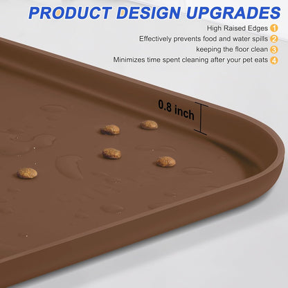 Silicone Pet Feeding Mat with Raised Edge for Food and Water, Dog Bowl Mats, Cat Bowls Placemat with High Lip for Floor Waterproof, Rubber Tray for Cats and Dogs 22 x 14 x0.8 Brown