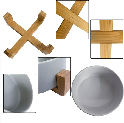 Ceramic Dog Cat Bowl with Wood Stand,Cat Food & Water Bowls Elevated Non-Spill Modern Cute Kitty Dishes Heavy Weighted Round Pet Dishes Set for Small Kitten Grown Cat(Grey)