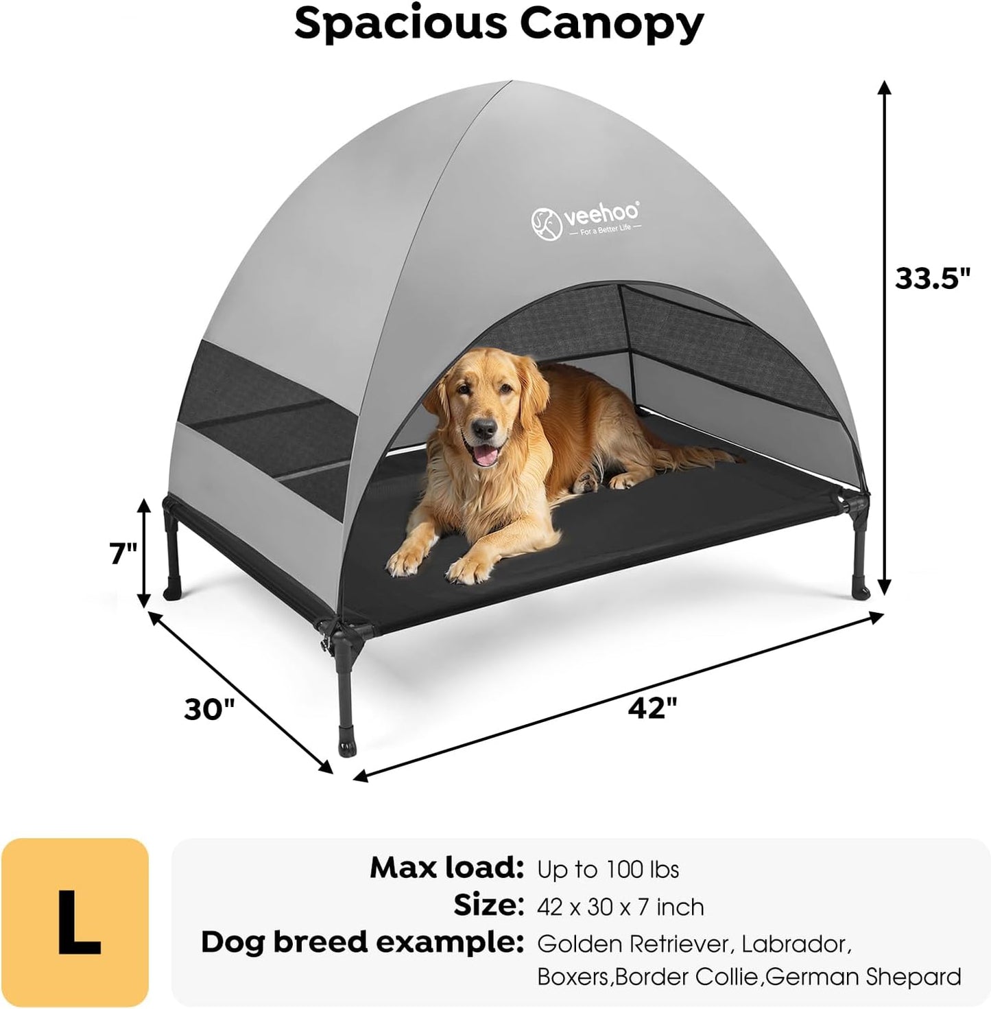 Veehoo Outdoor Dog Bed with Canopy, Cooling Elevated Pet Cot with Removable Shade, Non-Slip Feet, Raised Dog Cot for Large Dogs, Pet Tent Bed for Camping, Beach, Large, Black, CWC2411