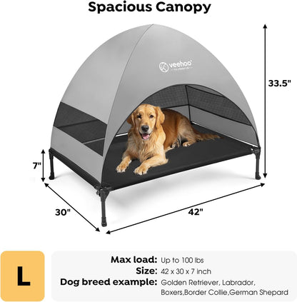 Veehoo Outdoor Dog Bed with Canopy, Cooling Elevated Pet Cot with Removable Shade, Non-Slip Feet, Raised Dog Cot for Large Dogs, Pet Tent Bed for Camping, Beach, Large, Black, CWC2411