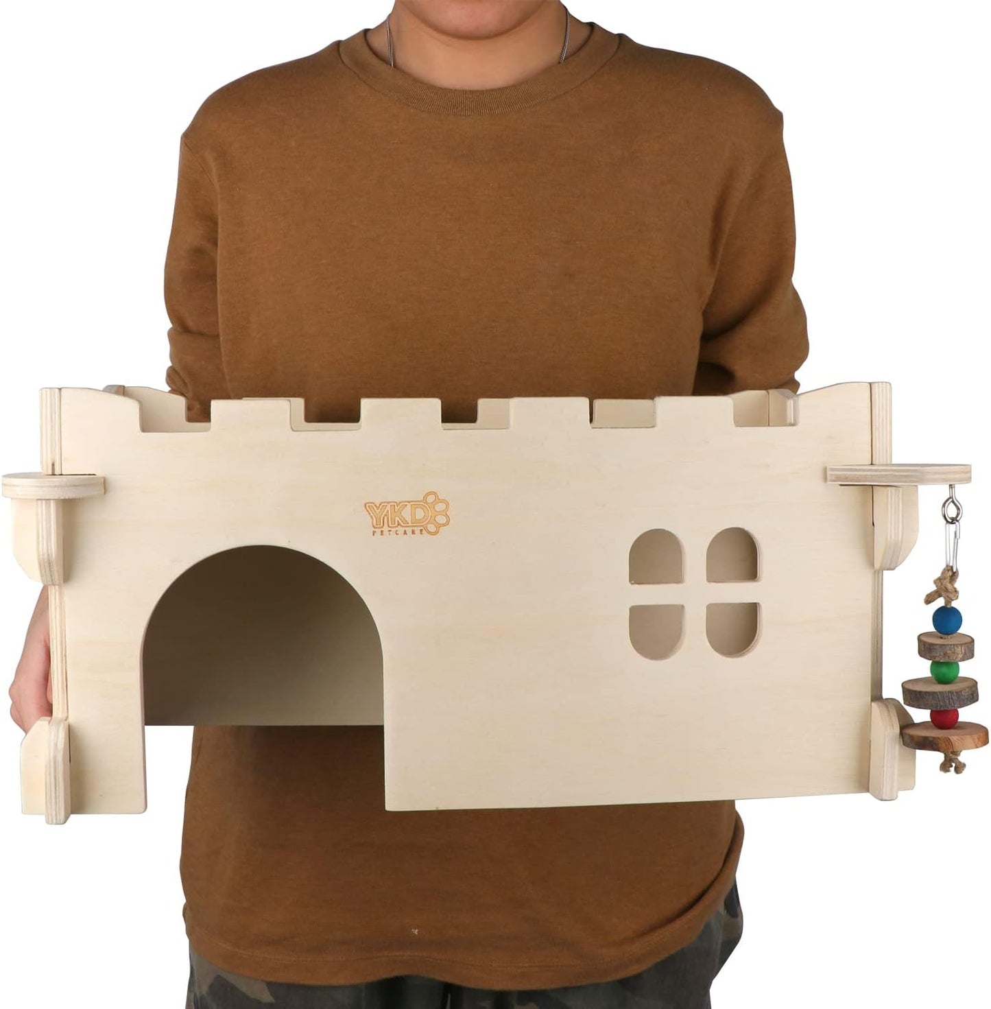 Castle Chinchilla House - Small Animal Hideout for Chinchilla Guinea Pig Hedgehog, or Rat - Ventilated Wooden Guinea Pig Hut Habitat with Multiple Doors (Large)