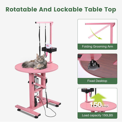 Electric Hydraulic Lift Pet Dog Grooming Table, 24Inch Grooming Desktop for Small Dogs, with Overhead Arm, Wireless Remote, Tool Organizer, Pink