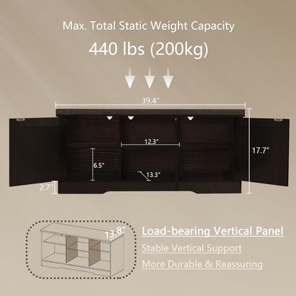 DINZI LVJ Shoe Bench, Entryway Storage Bench with Doors, Cushion, 2-Tier Shoe Rack with 6-Cubby, 39.4”L x 13.8”W Shoe Organizer Cabinet, Adjustable Shelf, Living Room, Bedroom, Espresso