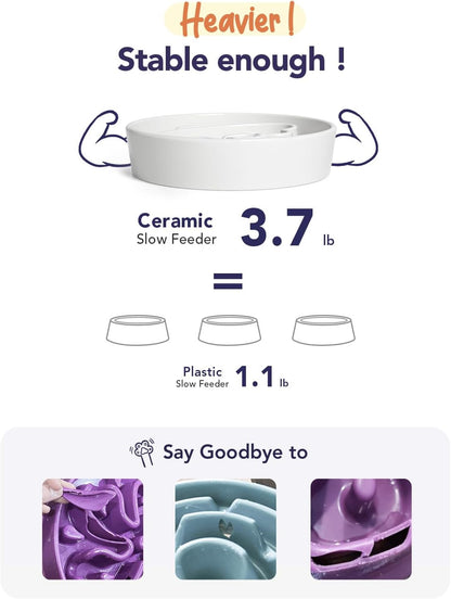 LE TAUCI Slow Feeder Dog Bowls Ceramic,3 Cups Slow Feeding Dog Bowl Medium Large Breed, Pet Bowl for Fast Eaters, Puzzle Pet Dishes, Angle White