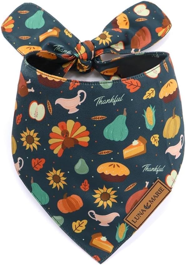 LunaMarie - Luxury Pet Birthday Bandanas -Premium & Silky Poly Fabric | 100% Handmade | Custom Shape Dual Layered (Thanksgiving, Large)