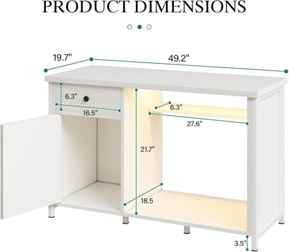 55 Gallon Fish Tank Stand with LED Light & Power Outlets, 55-75 Gallon Aquarium Stand with Drawer & Barn Door, 50" L x 20" W Cabinet for 2 Fish Tank Accessories Storage, Turtle Tank, Antique White