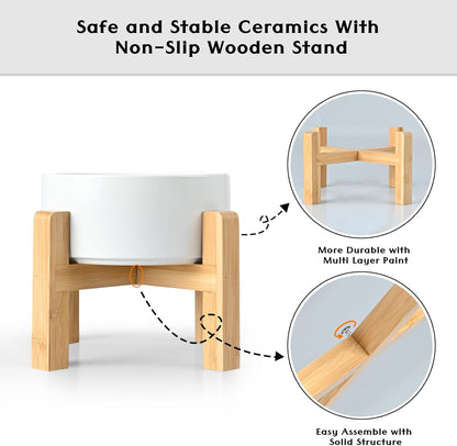 SPUNKYJUNKY Ceramic Elevated Dog Bowls 2 Pack - 6.1inch Raised Dog Bowls with Non-Slip Wooden Stand for Medium Dogs Dishwasher Safe(White,28.7OZ*2)
