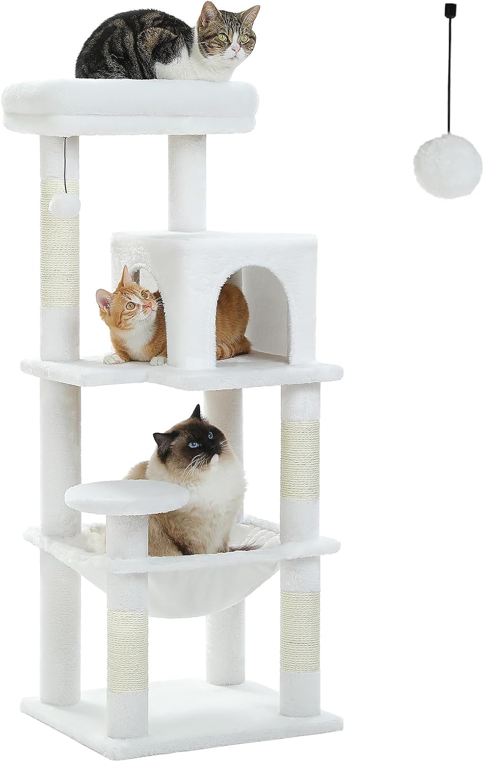 PETEPELA 45.7" Cat Tree for Large Cats, 5-Level Cat Tower for Indoor Cats with Large Hammock (17.3"x15.3"), Cat Condo with (18.5"x13") Big Top Perch & 4 Sisal Covered Scratching Post, White
