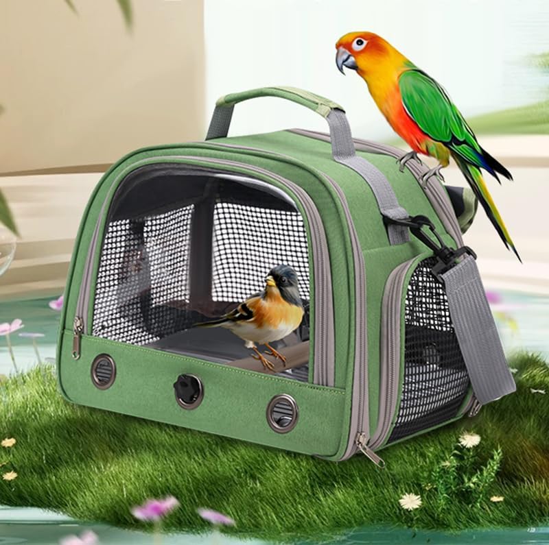 Bird Travel Carrier, Portable Small Bird Parrot Parakeet Carrier with Standing Perch and Tray, Side Access Window Collapsible Bird Carry Transport Bag for Vet Visit(Green)