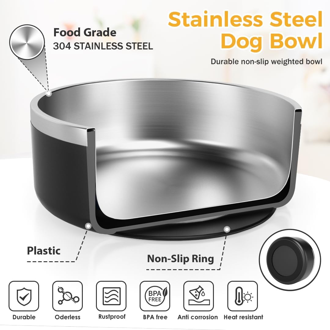 IKITCHEN Dog Bowl for Food and Water, 40 Oz Stainless Steel Pet Feeding Bowl, Durable Non-Skid Double Wall Insulated Heavy Duty with Rubber Bottom for Medium Large Sized Dogs (40 Ounces/5 Cup, Black)