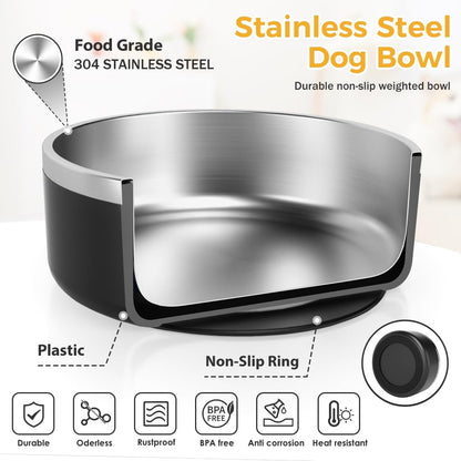 IKITCHEN Dog Bowl for Food and Water, 64 Oz Stainless Steel Pet Feeding Bowl, Durable Non-Skid Double Wall Insulated Heavy Duty with Rubber Bottom for Medium Large Sized Dogs (64 Ounces/8 Cup, Black)