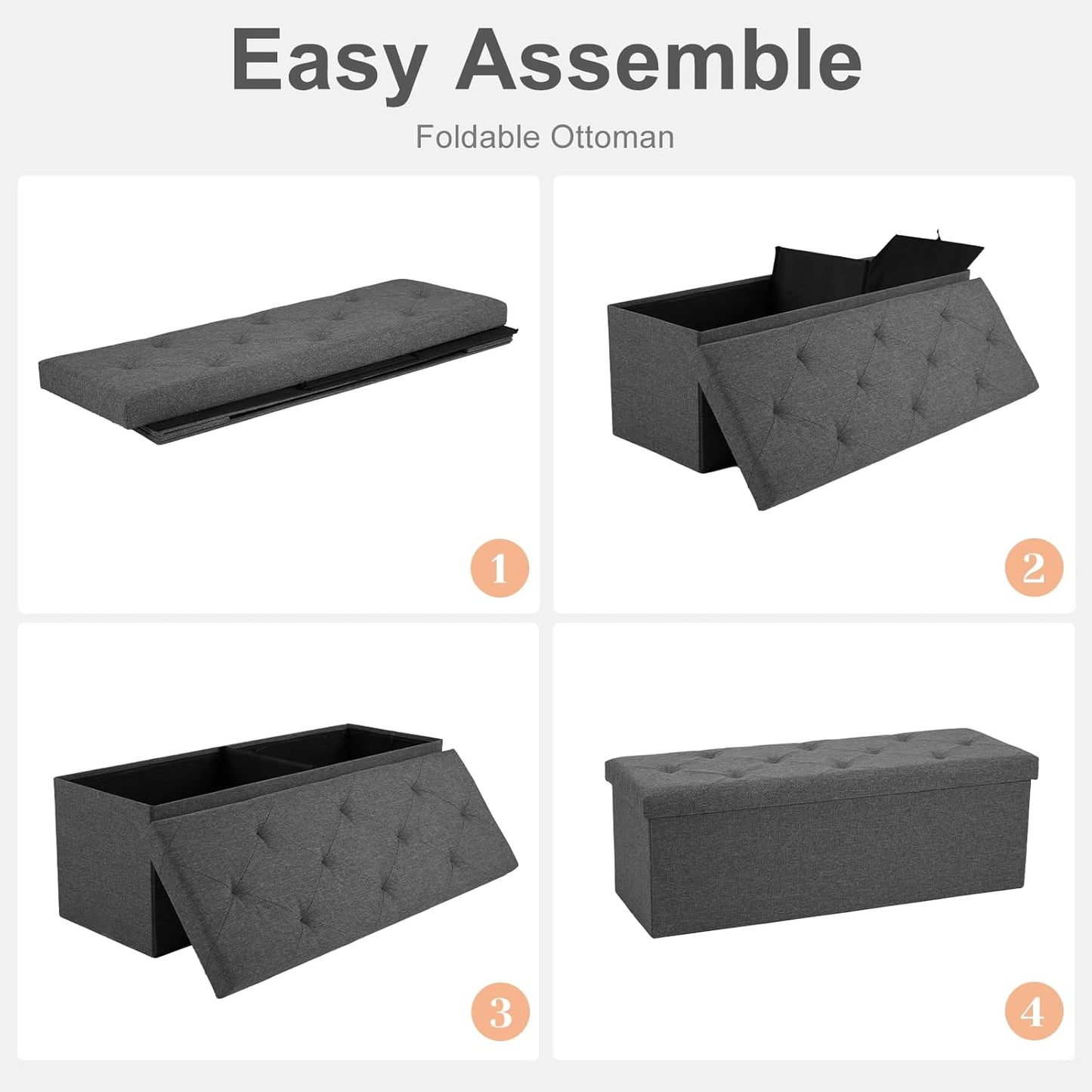 Sweetcrispy Foldable Storage Ottoman 43in, Storage Chest, Large Ottoman Bench Foot Rest Stool with Padded Seat for Entryway Living Room, Bedroom,Load 350lbs, Modern Grey