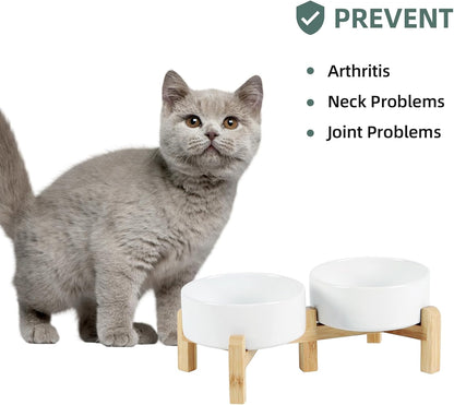 Ceramic Raised Double Bowls Set with Stand, 2 Heights Elevated, Food & Water Bowls for Small Breed Dogs, Cats, Kitty, Weighted Dog Dishes, Pet Bowls(5.1'',13.5oz, White)