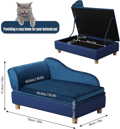 Pet Bed Sofa, Puppy Bed with Storage, Small Dog Couch with Removable & Washable Cushion, Comfy Pet Couch Bed for Cats & Puppy (Blue)