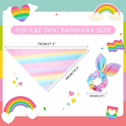 E-Clover Rainbow Dog Bandana & Matching Scrunchie Pink Purple Yellow Pet Dog Scarf Cute Dog Costumes Accessories for Small Medium Large Dogs