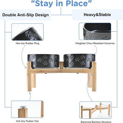 SPUNKYJUNKY Elevated Dog Bowls Ceramic, 7.3'' Dogs Food Water Bowls Raised with Non-Slip Bamboo Stand for Medium to Large Sized Breed Microwave Dishwasher Safe - 42 OZ,Paw Black