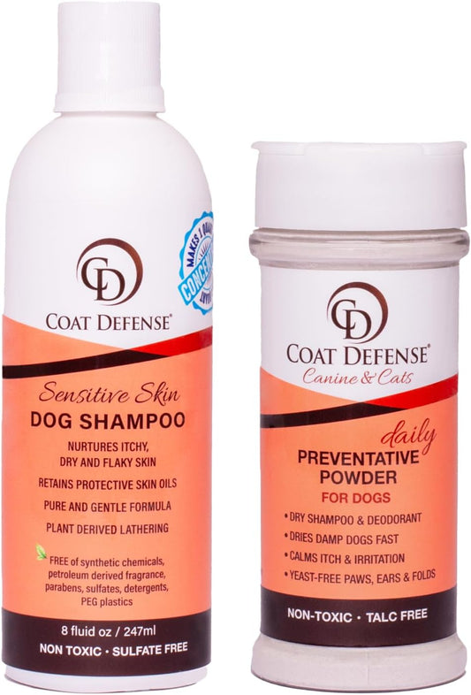 COAT DEFENSE Paw Licker Bundle | Dry Powder for Dogs & Sensitive Skin Dog Shampoo for Allergies and Itching | Smell & Itch Relief | Itchy Skin Relief & Yeast Dog Treatment