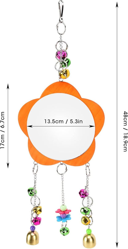 GLOGLOW Bird Mirror Toy, Hanging Parrot Mirror Rooster Toy Mirror with Colored Bells Interactive Playing Toy for Chicks Hens Cockatiel Parakeets Canaries Budgie