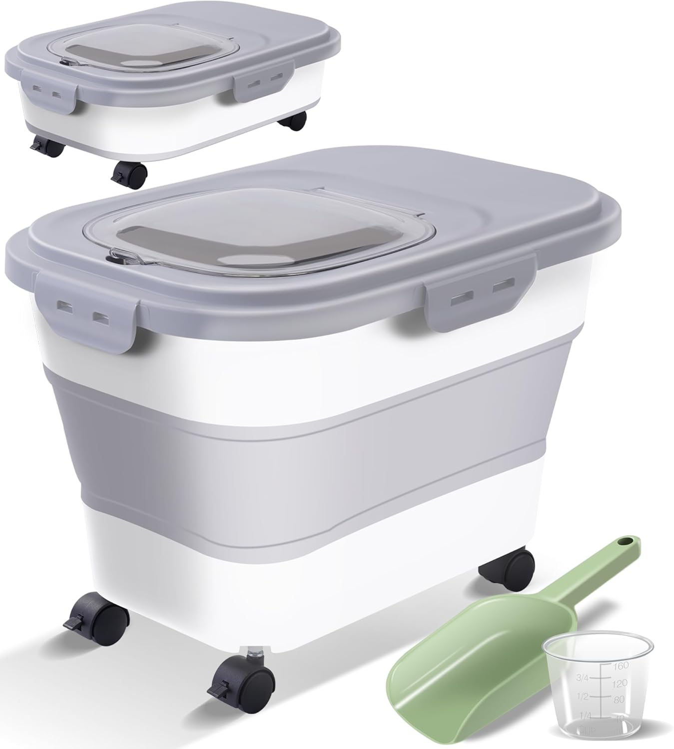 Collapsible Dog Food Storage Container, Airtight 30 35 Lbs Rice Cereal Flour Sugar Containers, Sealable Plastic 20 25 Pound Dog Pet Cat Bird Seed Kitchen Pantry Holder Bin Bucket with Rolling Wheel