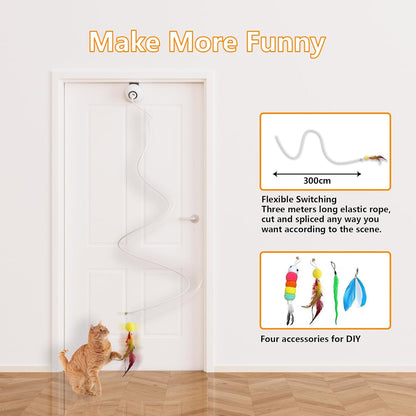 Cat Toys Interactive for Indoor, Cats Toy Hanging Door Electric for Bored, Feather Toy Kitten Rechargeable Door Hanging Automatic String with 4pcs Feather Toys, White