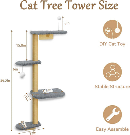 Wall Mounted Cat Wall Shelves and Climbing Tree for Kittens, 4-Tier Adjustable Cat Furniture for Indoor Cats Under 30lbs, with Grey Plush Platforms