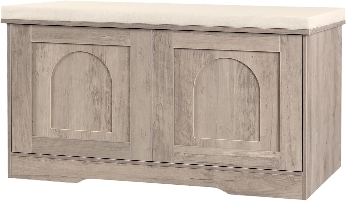 DINZI LVJ Shoe Bench, Entryway Storage Bench with Doors, Cushion, 2-Tier Shoe Rack with 6-Cubby, 31.5”L x 13.8”W Shoe Organizer Cabinet, Adjustable Shelf, Living Room, Bedroom, Greige