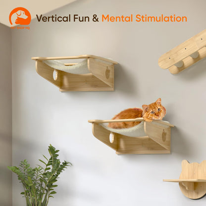 Cat Wall Furniture Set - Bamboo Shelves, Ladders, Cat House, Hammock & More - Space-Saving, Easy Installation, Up to 60lbs