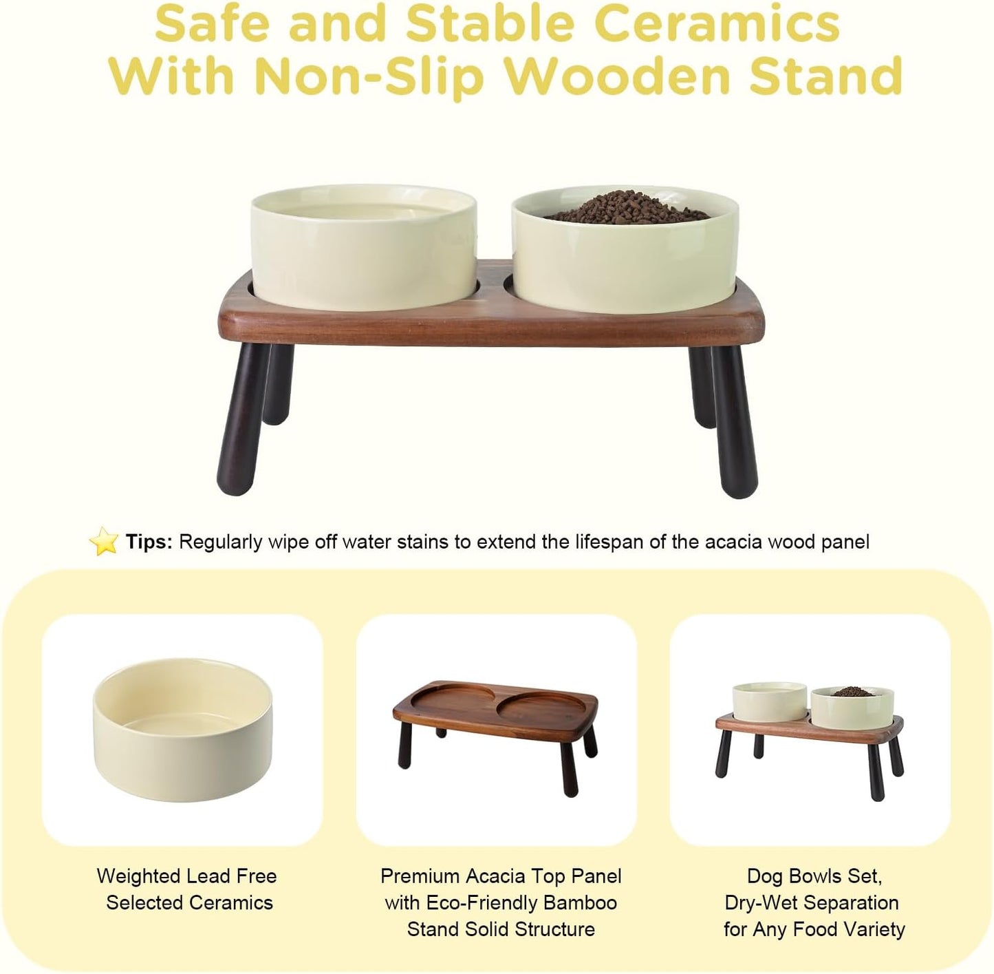 SPUNKYJUNKY Ceramic Elevated Dog Bowls Raised with Acacia Bamboo Wooden Stand, 6.1'' Dog and Cat Food Water Bowls Set Non-Slip for Small Medium Sized Breed Microwave Dishwasher Safe - 28.7 OZ,Beige