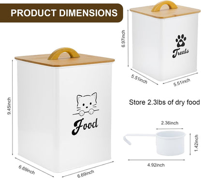 Cat Food Storage Container with Scoop, 2PCS Cat Food Storage Container with Lids Airtight, Cat Treat Jars for Kitchen Counter-7+3Lbs, Cat Cookie Jar for Storage, White