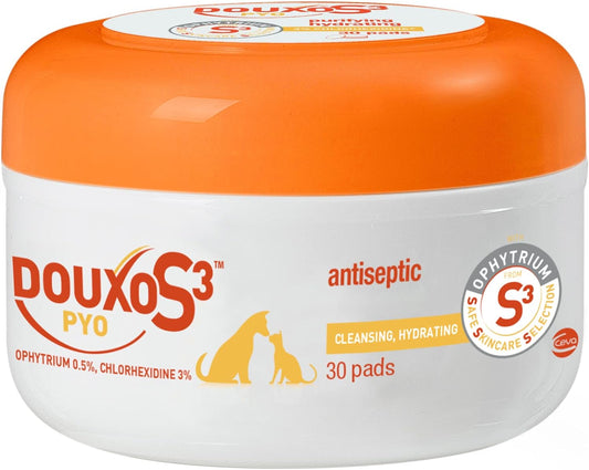 Douxo S3 Pyo Pads, Contains 3% Chlorhexidine & 0.5% Ophytrium, Antiseptic & Hydrating, For Bacterial or Yeast Skin Infections, For Dogs and Cats, 30 Pads