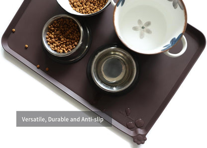 Hoki Found Large Silicone Pet Food Mat - Non Slip, Waterproof Dog Cat Bowl Mat - Dark Oak