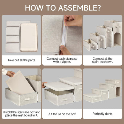 Dog Stairs with Storage, Folding Pet Steps with Zip for Small Dogs and Cats, 4-Step Pet Stairs with Pet House for High Bed, Couch and Car Ramp, Up to 200 Lbs (Beige, 4 Steps with Condo)