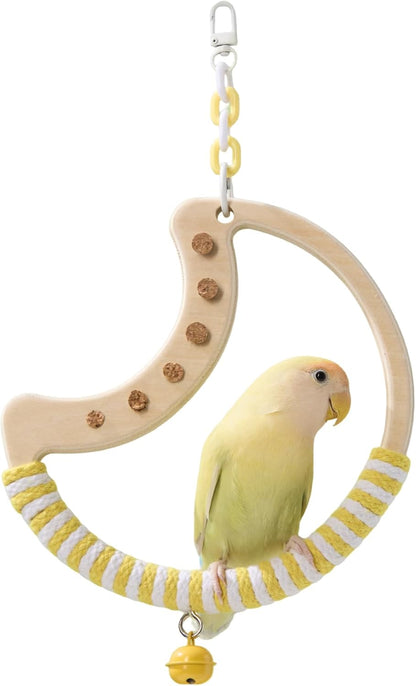 Natural Bird Swing - Moon-Shaped Parrot Perch with Bell and Cork Toys, Spinning Wooden Stand for Parakeets, Budgies, Lovebirds and Small/Medium Birds (White + Yellow)