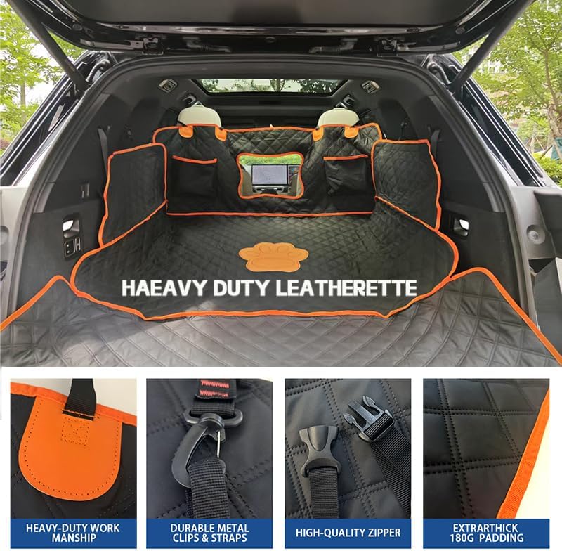 SUV Cargo Liner for Dogs, PU Leather Waterproof Pet Trunk Cargo Cover Dog Seat Mat for SUVs Sedans Vans with Bumper Flap Protector, Non-Slip, Large Size Universal Fit, Black