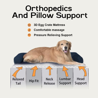 Large Dog Bed Orthopedic Washable | Beds Bolster Pet - XXL Large Big Dogs - Memory Foam - Couch Sofa - Waterproof with Removable Cover | Navy Blue Dog Bed