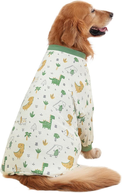 HDE Dog Pajamas One Piece Jammies Jumpsuit Pet Clothes Outfit Stretchy Lightweight Comfy Shirt Pjs for M-3XL Dogs Forest Dinos - M