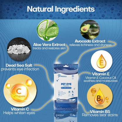 Pet Eye Wipes for Dogs | 3X Larger Unscented Hypoallergenic Gentle Eye Cleaner Wipes for Dogs & Cats | Pet Tear Stain Remover Wipes | 60 Count